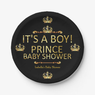 Royal Black Gold Prince Baby Shower Its A Boy Paper Plate