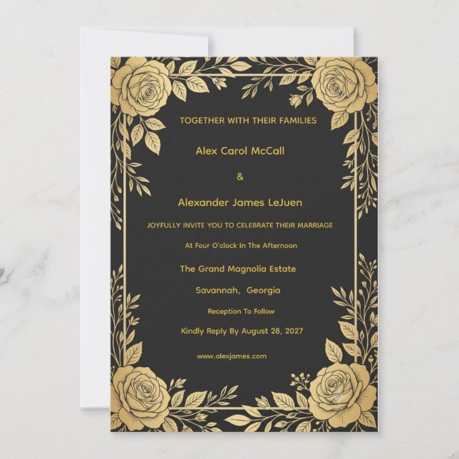 Royal Black & Gold Rose Wedding Invitation (Front)