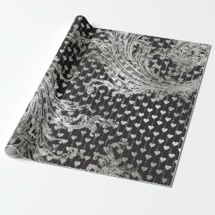Royal Black Hearts Baroque Silver Hearts Grey Wrapping Paper