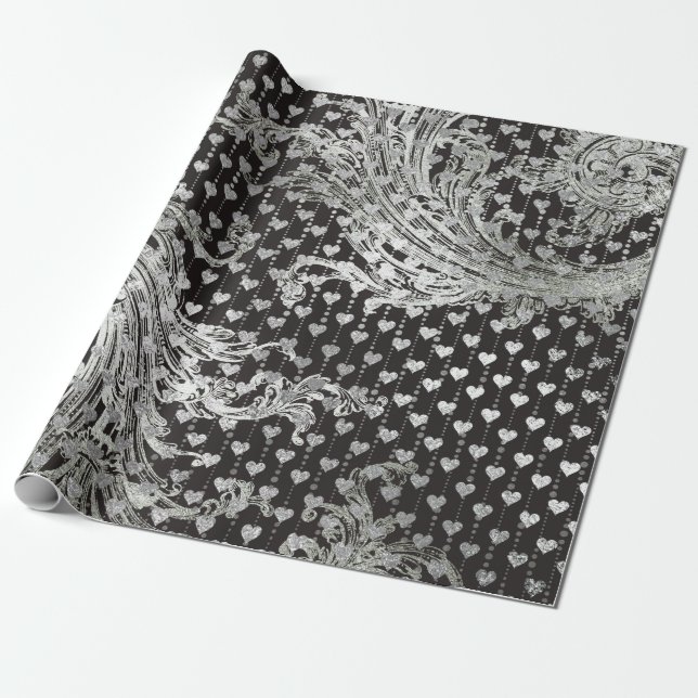 Royal Black Hearts Baroque Silver Hearts Grey Wrapping Paper (Unrolled)