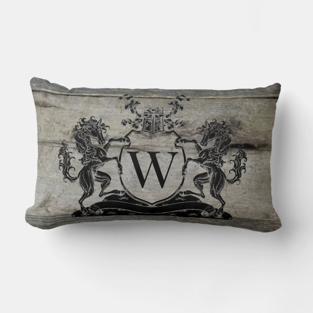 Royal Black Horse Crest Rustic Barn Wood Pillow (Front)