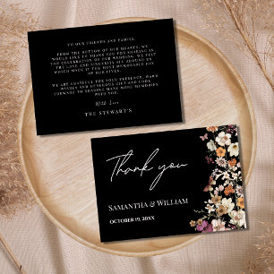 Royal Black Pastel Boho Wildflower Modern Wedding Thank You Card