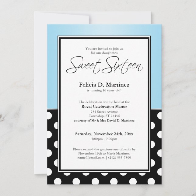 Royal Black Polka Dot Blue Sweet Sixteen Invitation (Front)