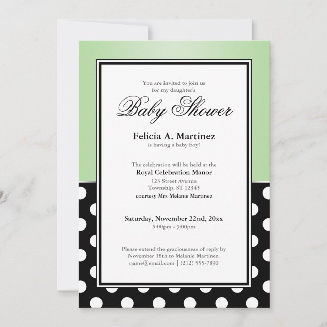 Royal Black Polka Dot Green Baby Shower Invitation (Front)