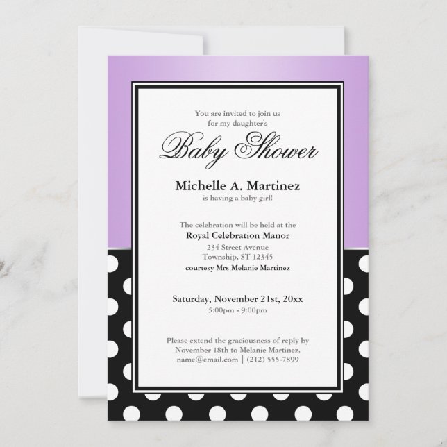 Royal Black Polka Dot Purple Baby Shower Invitation (Front)