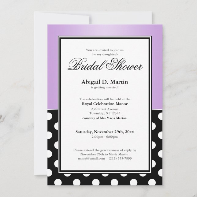 Royal Black Polka Dot Purple Bridal Shower Invitation (Front)