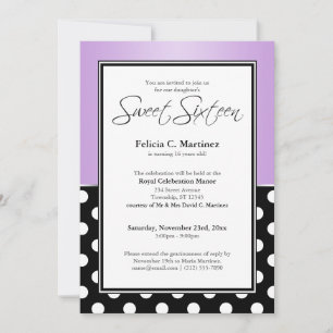Royal Black Polka Dot Purple Sweet Sixteen Invitation