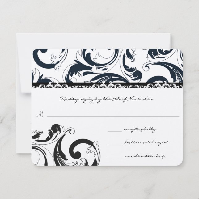 Royal Black Swirls Wedding RSVP (Back)