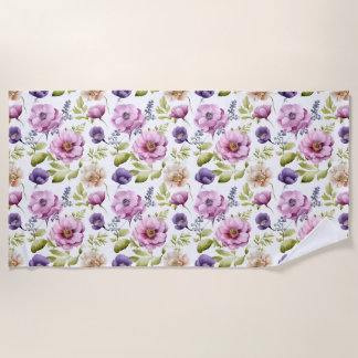 Royal Bloom Symphony Purple Floral Pattern Beach Towel