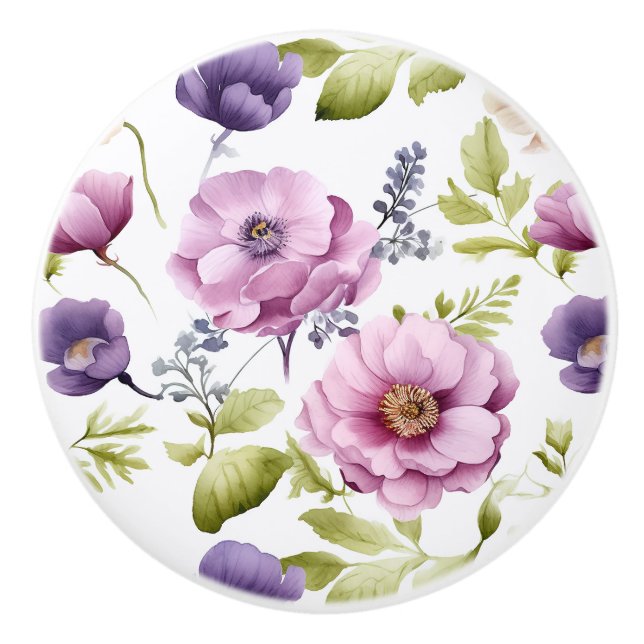 Royal Bloom Symphony Purple Floral Pattern Ceramic Knob (Front)