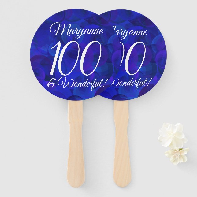 Royal Blue 100 and Wonderful Birthday Party Hand Fan (Front and Back)