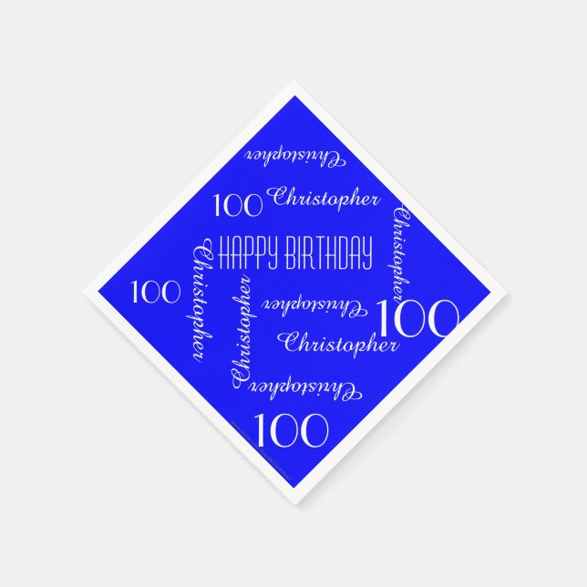 Royal Blue 100th Birthday Party Repeat Names Paper Napkin (Corner)