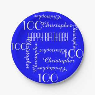Royal Blue 100th Birthday Party Repeating Names Paper Plate