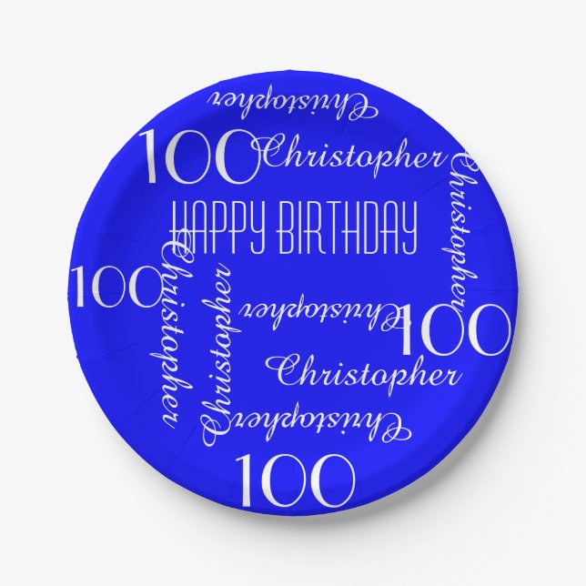 Royal Blue 100th Birthday Party Repeating Names Paper Plate (Front)