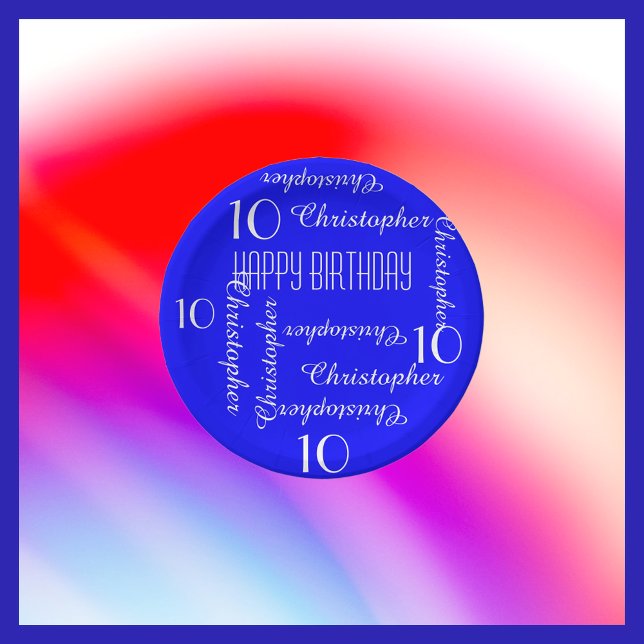 Royal Blue 10th Birthday Party Repeating Names Paper Plate (Creator Uploaded)