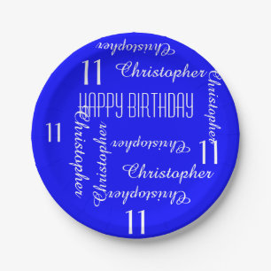 Royal Blue 11th Birthday Party Repeating Names Paper Plate