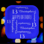 Royal Blue 13th Birthday Party Repeat Name Square Paper Plate<br><div class="desc">CHOOSE YOUR COLOR and create your own stylish, personalised paper plate for a 13th birthday party or any other occasion. Name and Age repeats in white. This style defaults to a bright blue background, but you can easily select a different background colour. You be the designer! Easy to personalise -...</div>