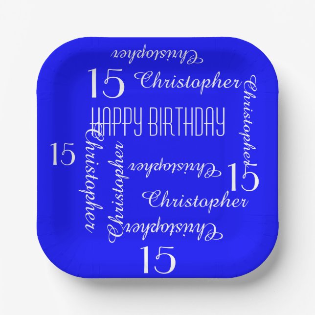 Royal Blue 15th Birthday Party Repeating Names Paper Plate (Front)