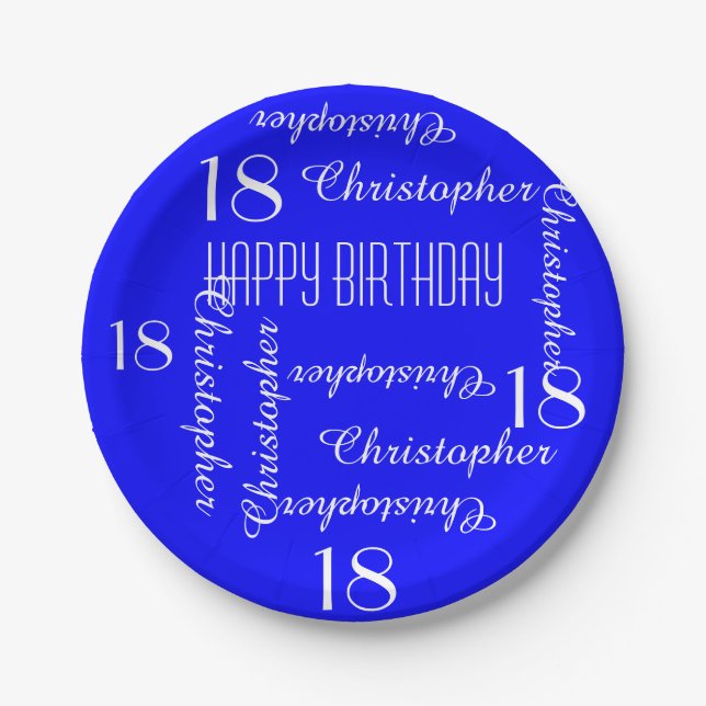 Royal Blue 18th Birthday Party Repeating Names Paper Plate (Front)