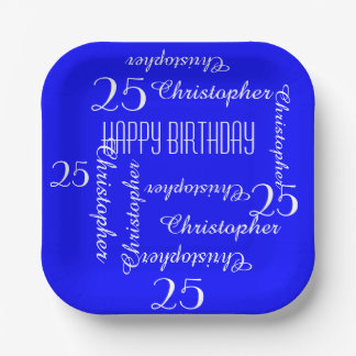 Royal Blue 25th Birthday Party Repeating Names Paper Plate