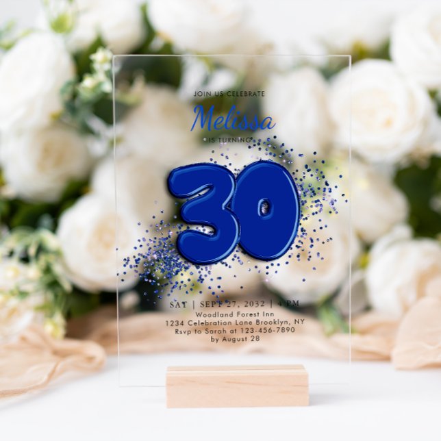 Royal Blue 30th Balloons Confetti Adult Birthday Acrylic Invitations (Creator Uploaded)