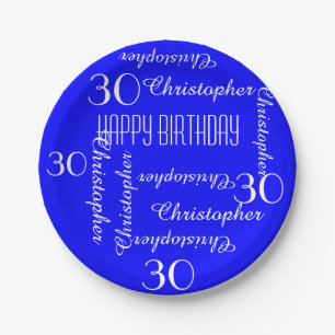 Royal Blue 30th Birthday Party Repeating Names Paper Plate