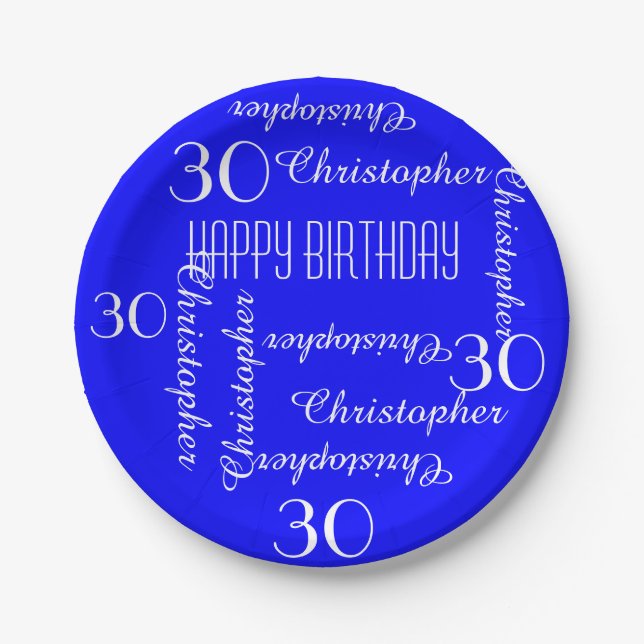Royal Blue 30th Birthday Party Repeating Names Paper Plate (Front)
