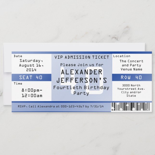 Royal Blue 40th Birthday Party Ticket Invitation (Front)