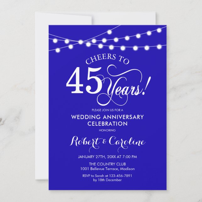 Royal Blue 45th Wedding Anniversary Invitation (Front)