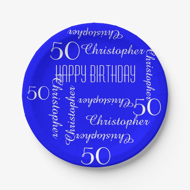 Royal Blue 50th Birthday Party Repeating Names Paper Plate (Front)