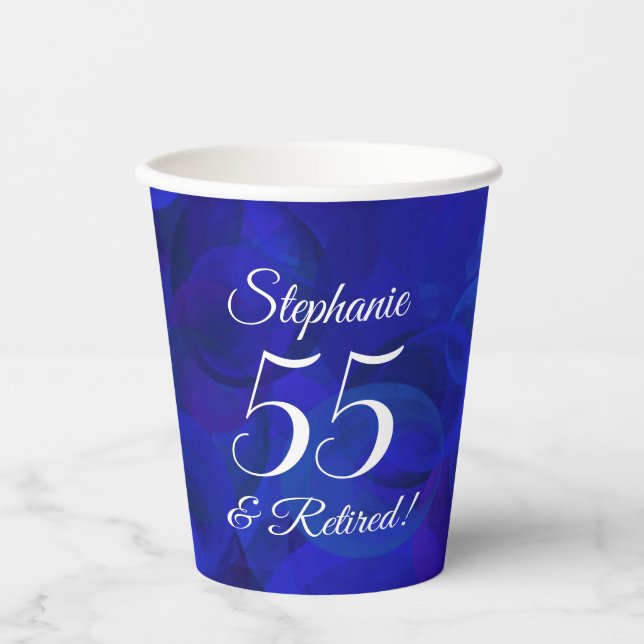 Royal Blue 55 and Retired Retirement Party Paper Cups (Front)