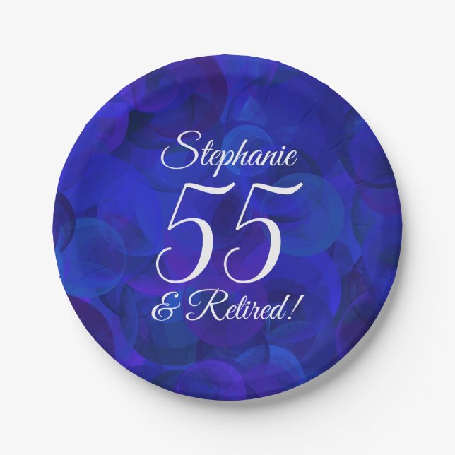Royal Blue 55 and Retired Retirement Party Paper Plate (Front)