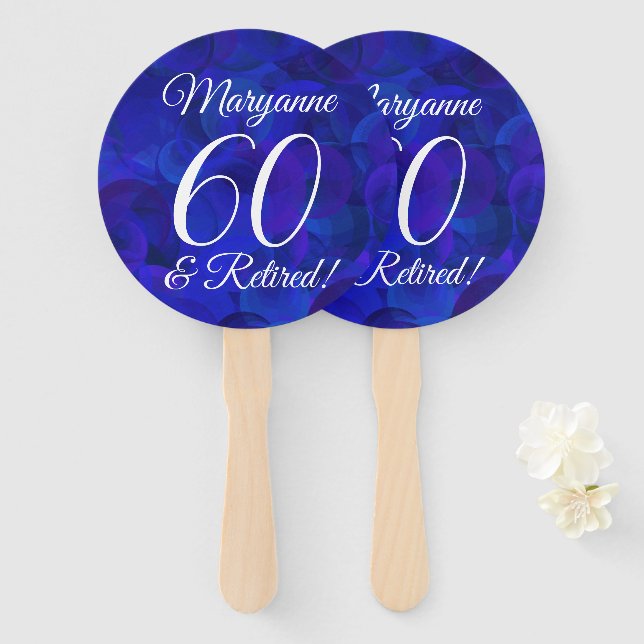 Royal Blue 60 and Retired Retirement Party Hand Fan (Front and Back)
