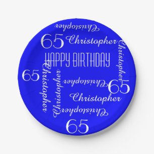 Royal Blue 65th Birthday Party Repeating Names Paper Plate