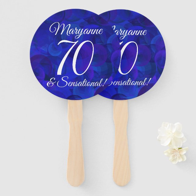 Royal Blue 70 and Sensational Birthday Party Hand Fan (Front and Back)