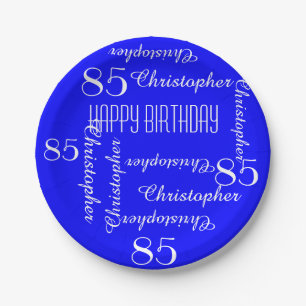 Royal Blue 85th Birthday Party Repeating Names Paper Plate