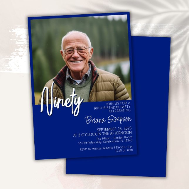 Royal Blue 90th Birthday Photo Invitation (Creator Uploaded)