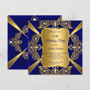 Royal Blue Add Age Birthday Party Gold Diamond Invitation