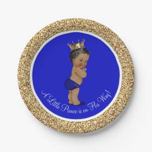 Royal Blue African American Prince Baby Shower Paper Plate