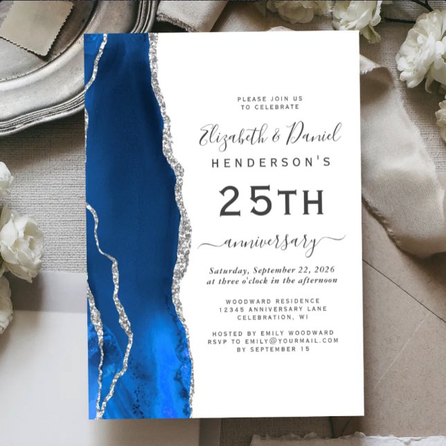 Royal Blue Agate Silver 25th Anniversary Invitation (Creator Uploaded)