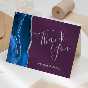 Royal Blue Agate Silver Plum Wedding Thank You Card