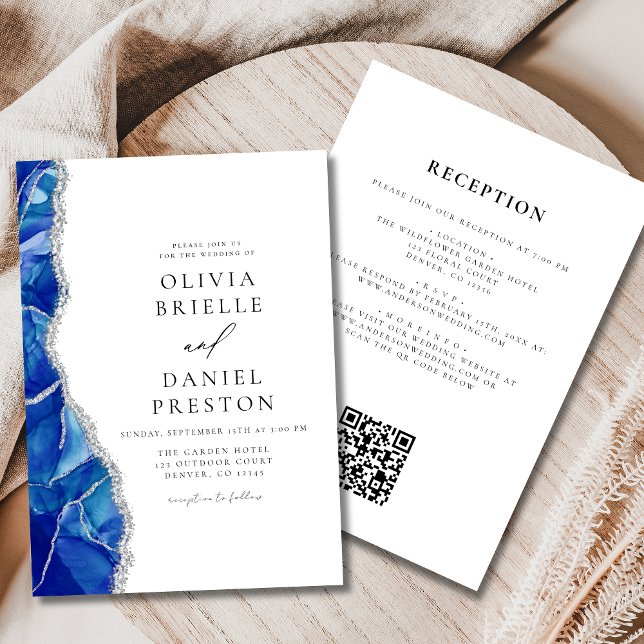 Royal Blue Agate Silver Wedding QR Code Invitation (Creator Uploaded)
