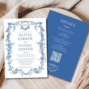 Royal Blue All in One Victorian QR Code Wedding  Invitation