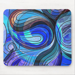 Royal Blue and Aqua Doodle With Black Lines Mouse Mat