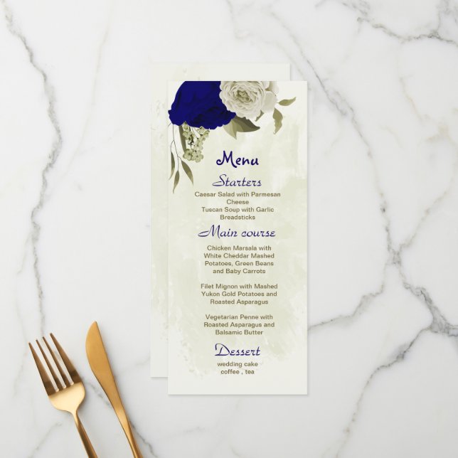 royal blue and beige flowers botanical wedding  menu (Front/Back In Situ)