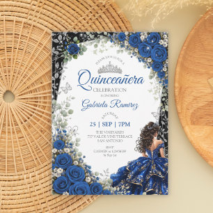 Royal Blue and Black Quinceañera Silver Butterfly Invitation