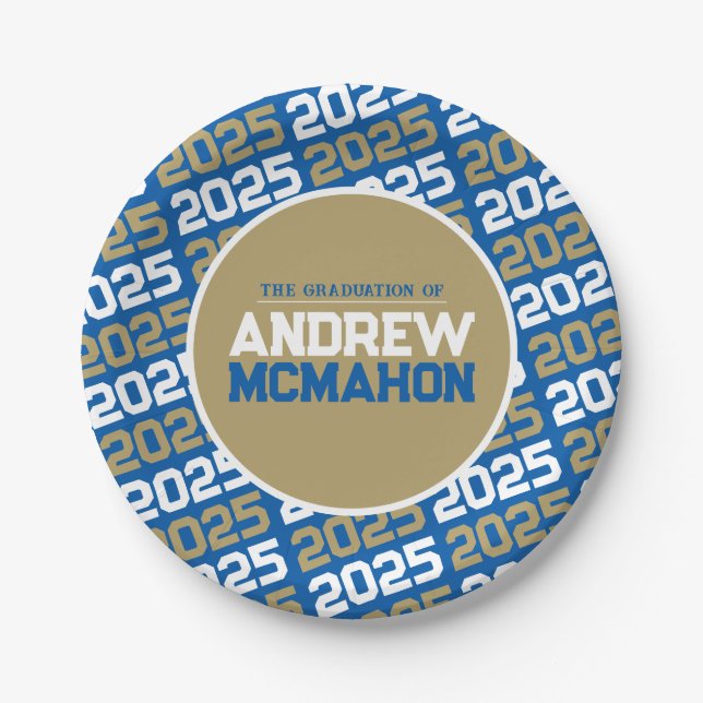 Royal Blue and Bronze Gold Personalised Graduation Paper Plate (Front)