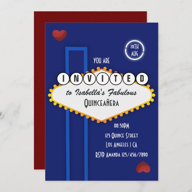 Royal Blue and Burgundy Las Vegas Quinceañera Invitation (Front/Back)
