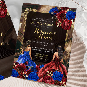 Royal Blue and Burgundy Red Floral Royal 15 Años Invitation