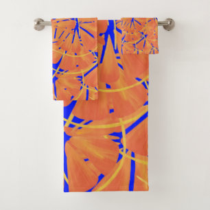 Royal Blue And Citrus Orange Tropical Art Design Bath Towel Set